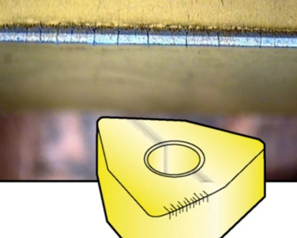 Macro photo of carbide cutting insert showing thermal cracking along the cutting edge alongside illustration of a thermally damaged triangular indexable insert.