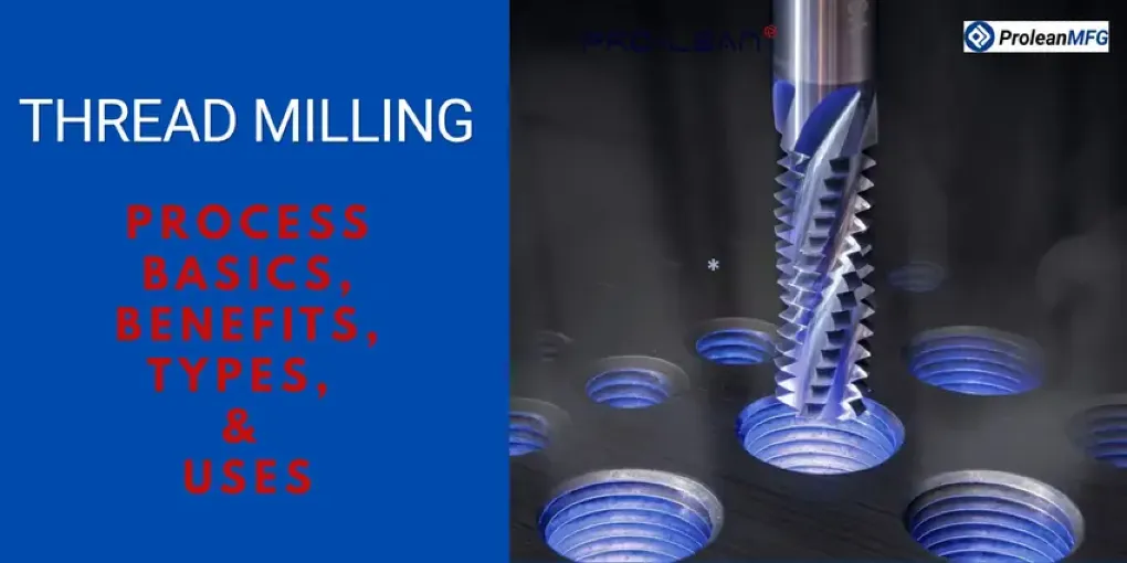 Thread mill cutting tool entering threaded hole, alongside text reading "Thread Milling – Process Basics, Benefits, Types, & Uses."