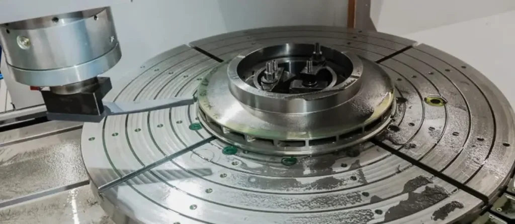 CNC face milling of a large turbine disc component on a rotary table, showing concentric toolpath marks and coolant residue.