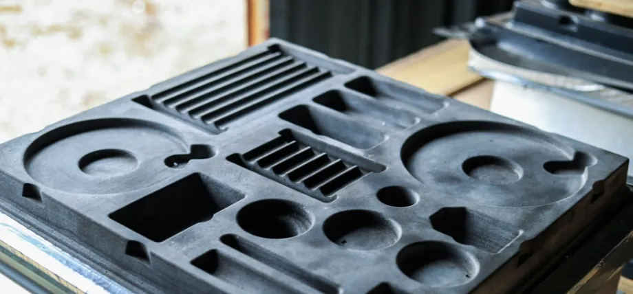 A dark gray, matte-finished custom industrial mold plate featuring various circular, rectangular, and slotted pocket indentations.