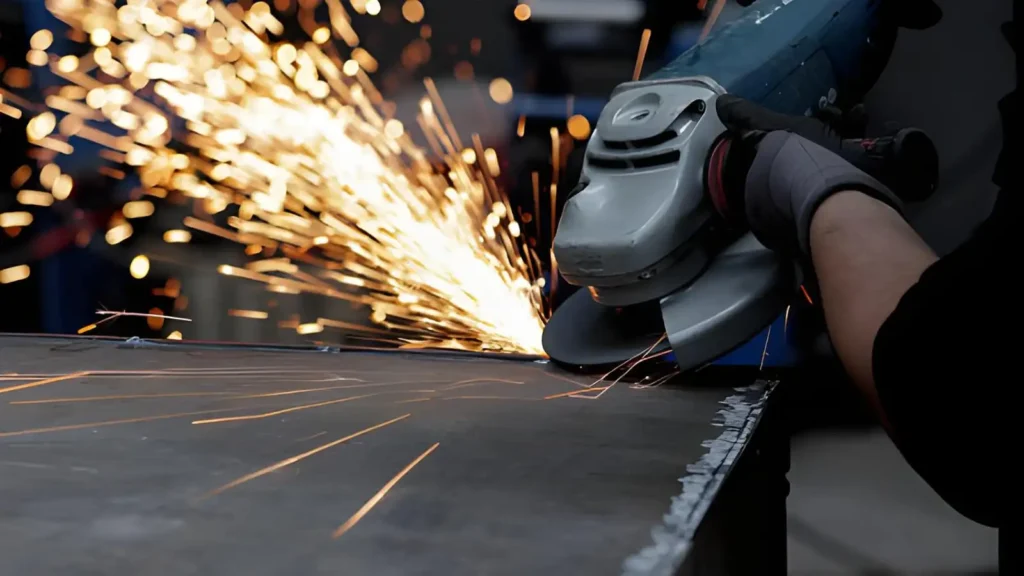 The image shows a worker using an angle grinder to cut steel. The rotating abrasive disc removes material, producing sparks as it cuts. 