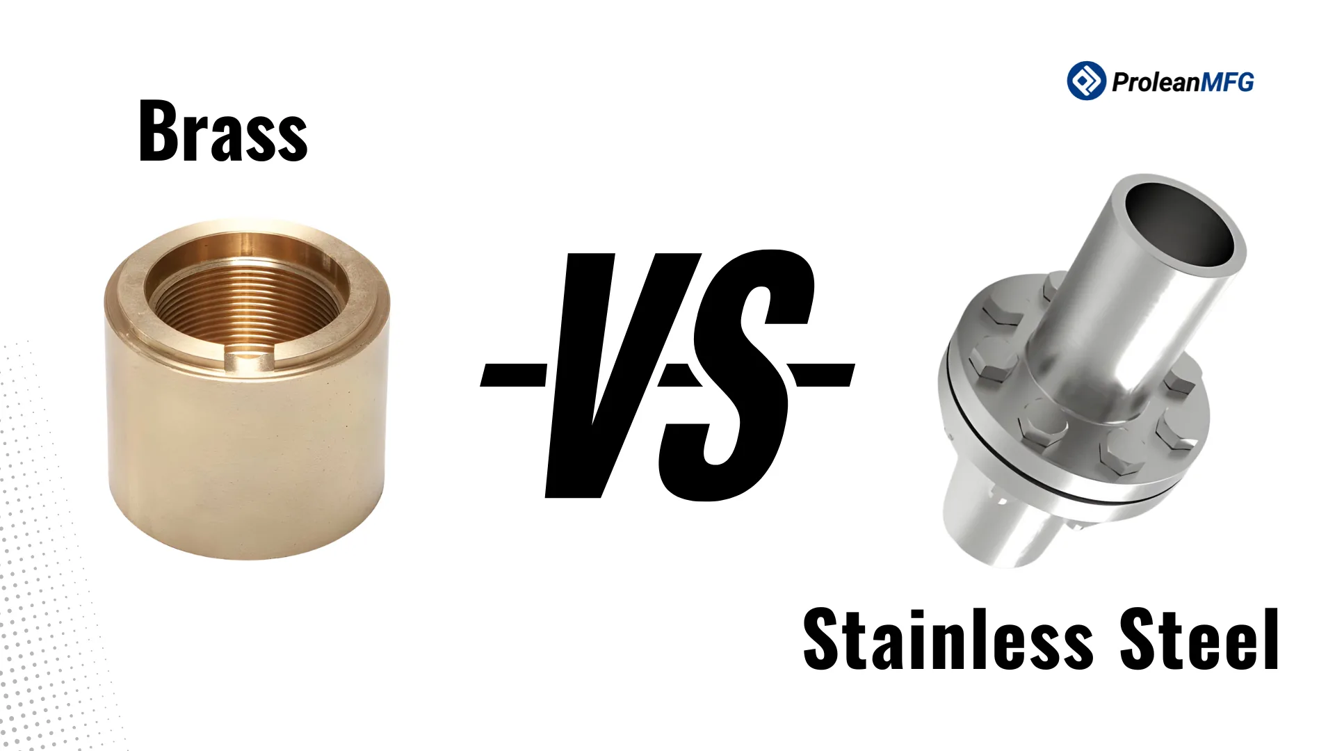 The image is a feature illustration showing a comparison between brass and stainless steel. It visually highlights the two metals side by side, emphasizing their color and surface appearance.