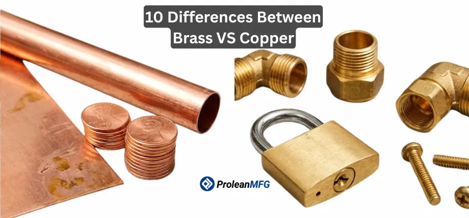 A comparison layout featuring reddish copper pipes and pennies on the left versus yellowish-gold brass fittings and a padlock on the right.