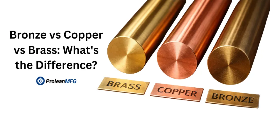 Three polished metal rods—brass, copper, and bronze—displayed with identifying labels to show differences in color and luster.