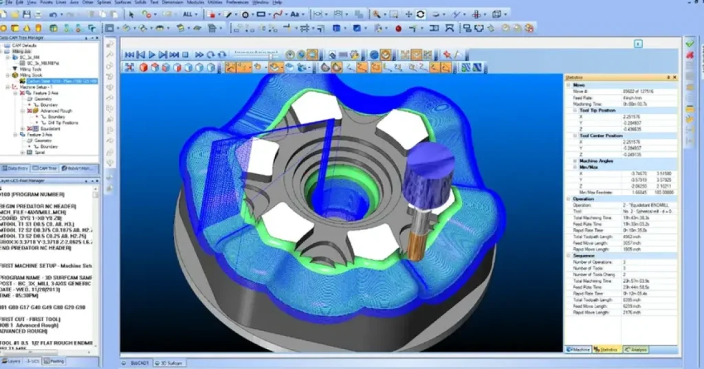 CAM software interface showing 3D toolpath simulation with roughing passes on a complex milled part. 