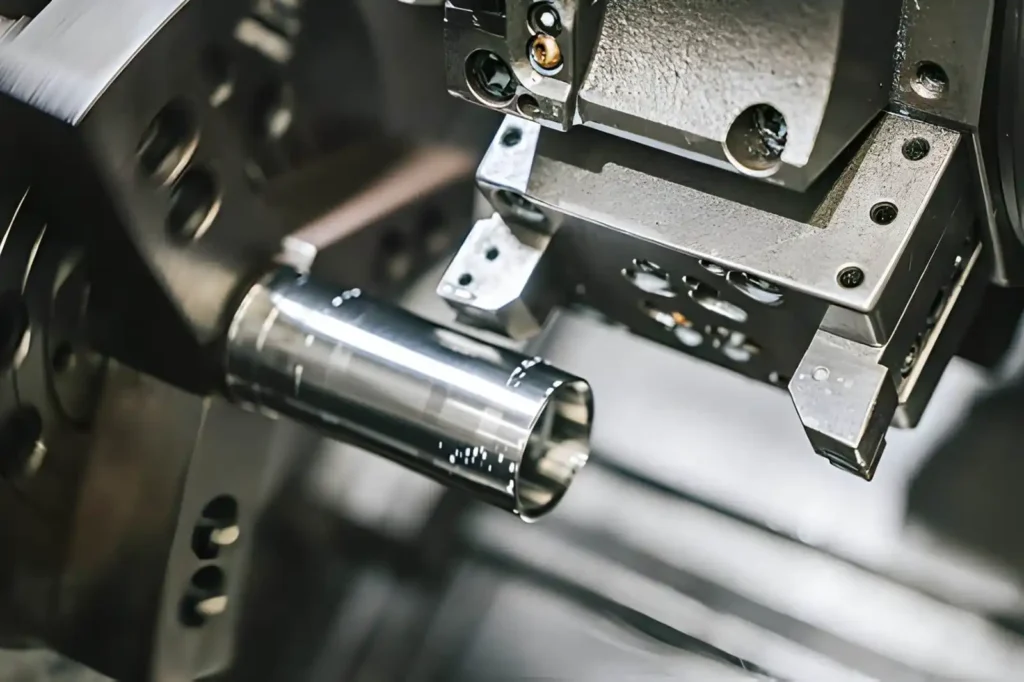 CNC lathe tool turret machining a stainless steel pipe