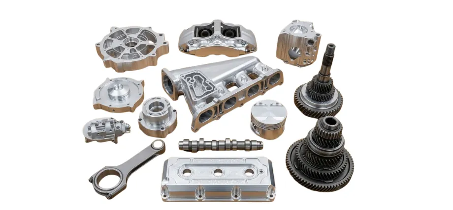 A collection of various custom-machined aluminum automotive engine and transmission components isolated on a white background.