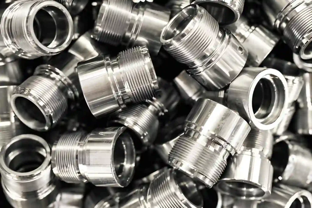 The image shows a pile of CNC-machined metal parts and turning blanks used in engineering applications.