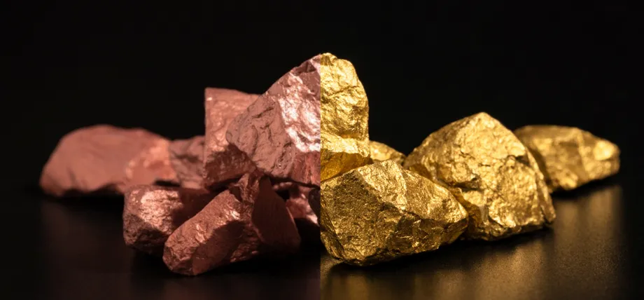 A split-screen image showing raw copper ore on the left and golden-hued bronze nuggets on the right against a black background.
