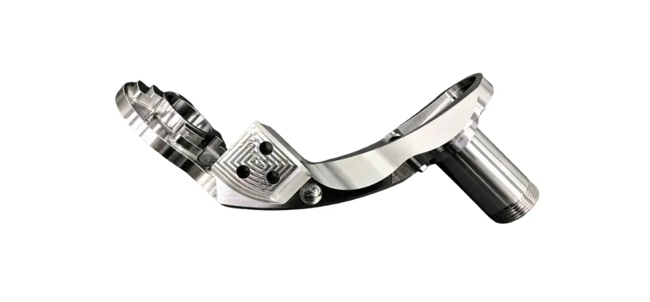 A single high-precision custom CNC-machined silver aluminum mechanical arm component on a clean white background.