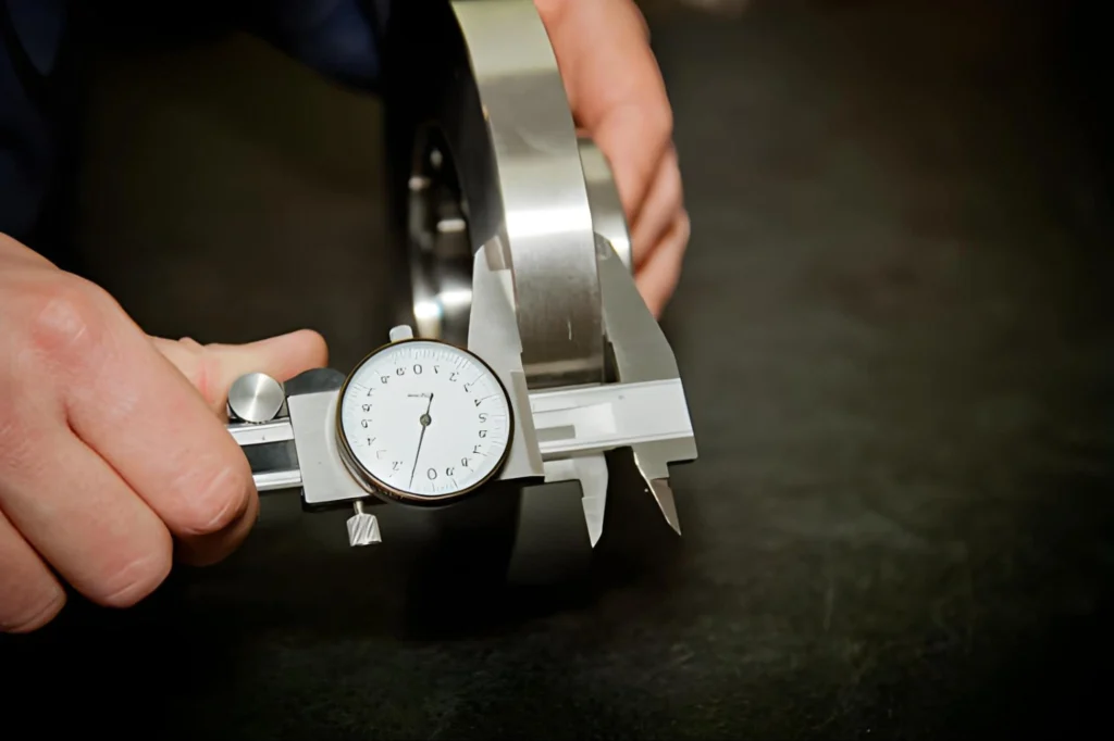 An Engineer using a dial caliper to measure a flange, demonstrating precise measurement in metalworking.