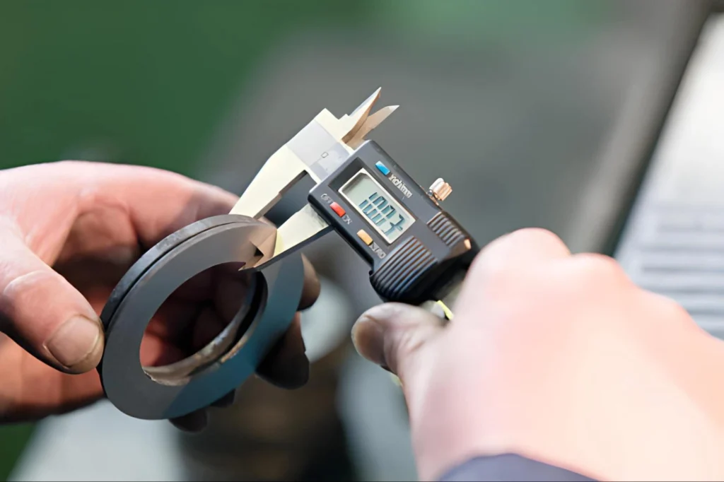 Machinist measuring a metal ring with a digital caliper.