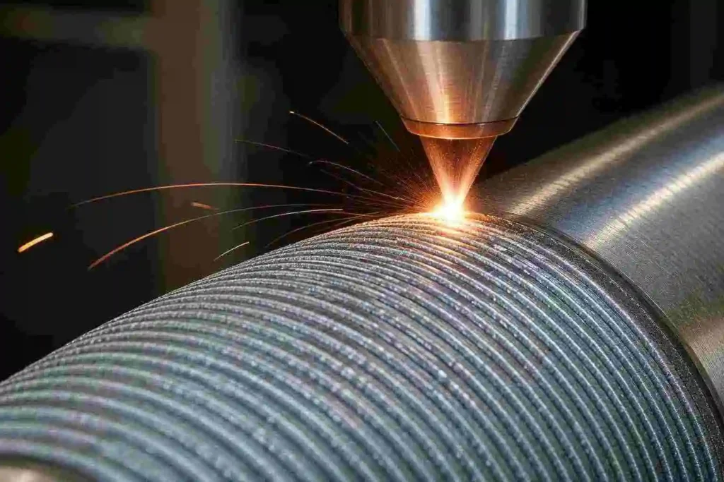 Close-up view of hydraulic ram laser cladding process, showing a laser beam depositing metal powder onto a textured cylindrical surface.