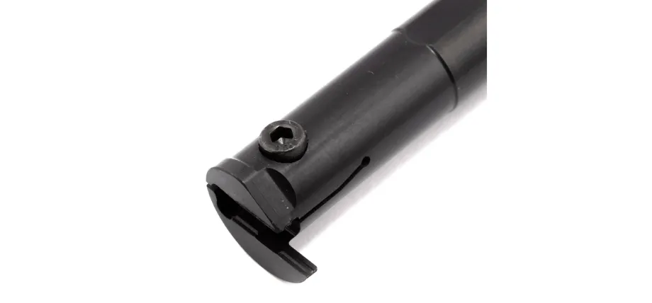 Studio shot of a black steel internal boring and grooving bar showing its insert pocket and locking screw.