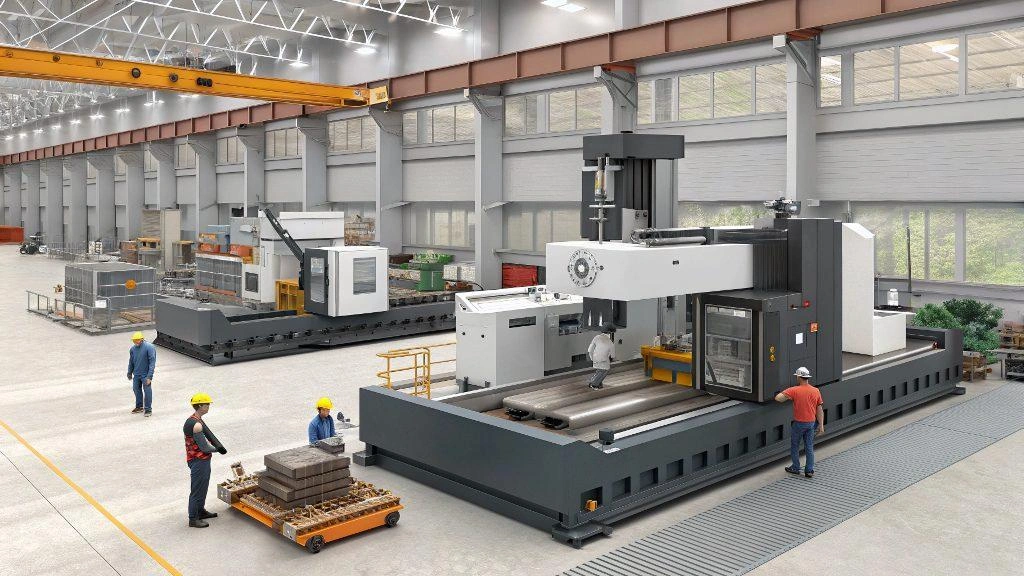 Large CNC equipment inside a machine shop and machinists operating them 