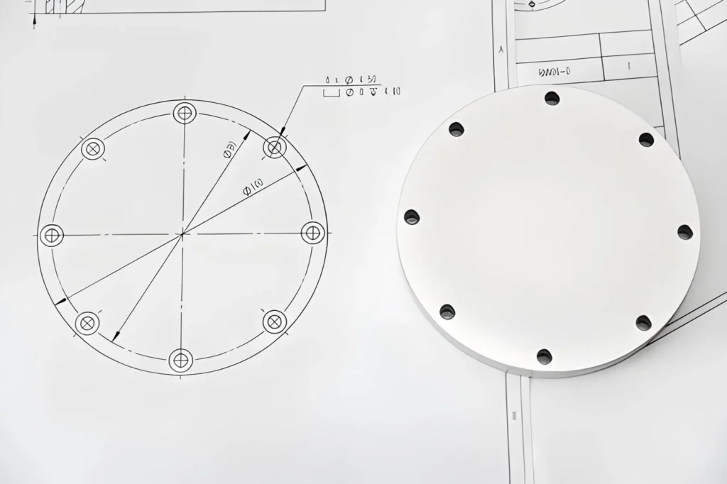 The image shows a simple aluminum round part alongside its technical drawing.