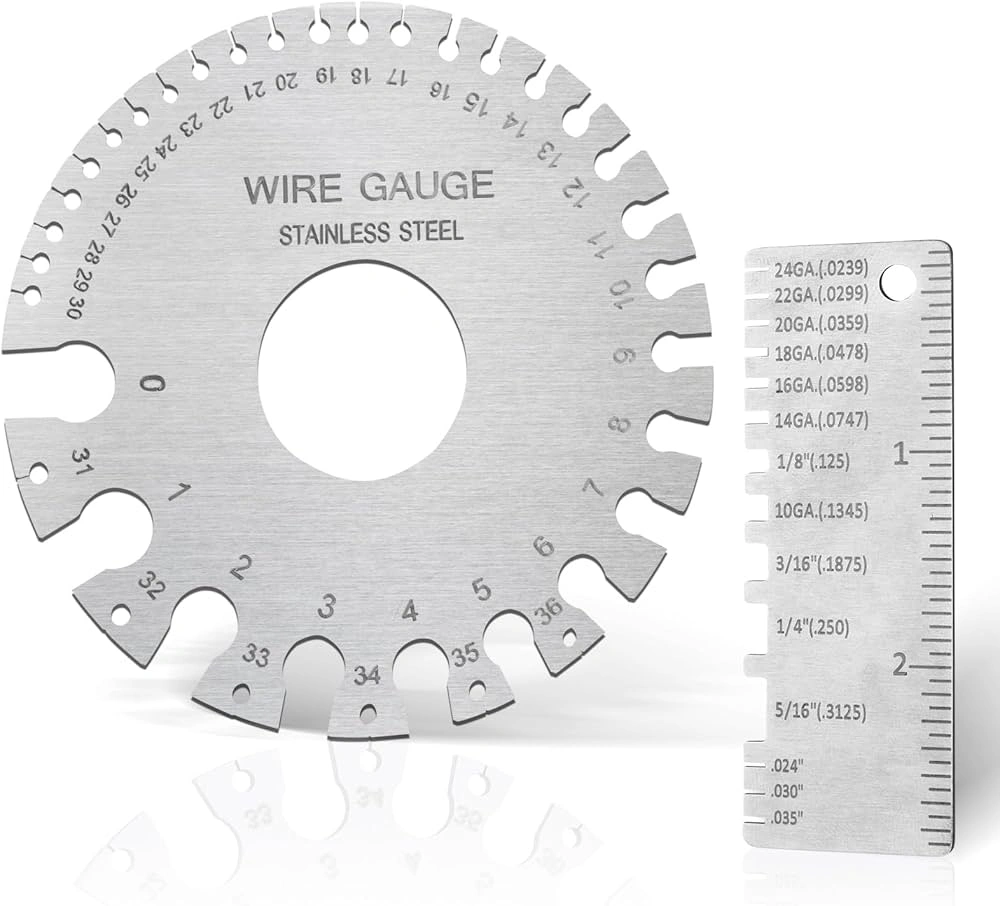 The image depicts a stainless steel wire gauge alongside a linear measuring gauge, both presented on a white background.