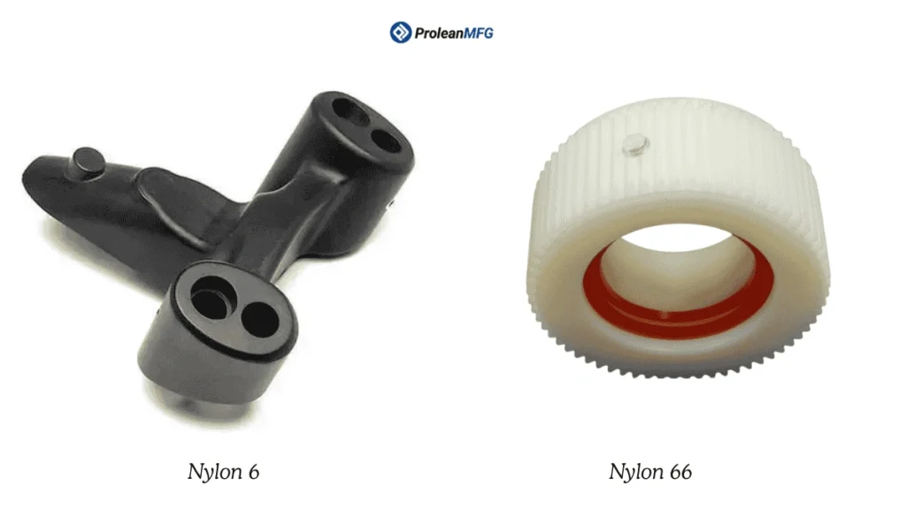 The image shows a Nylon 6 mechanical bracket and a Nylon 66 gear coupling sleeve