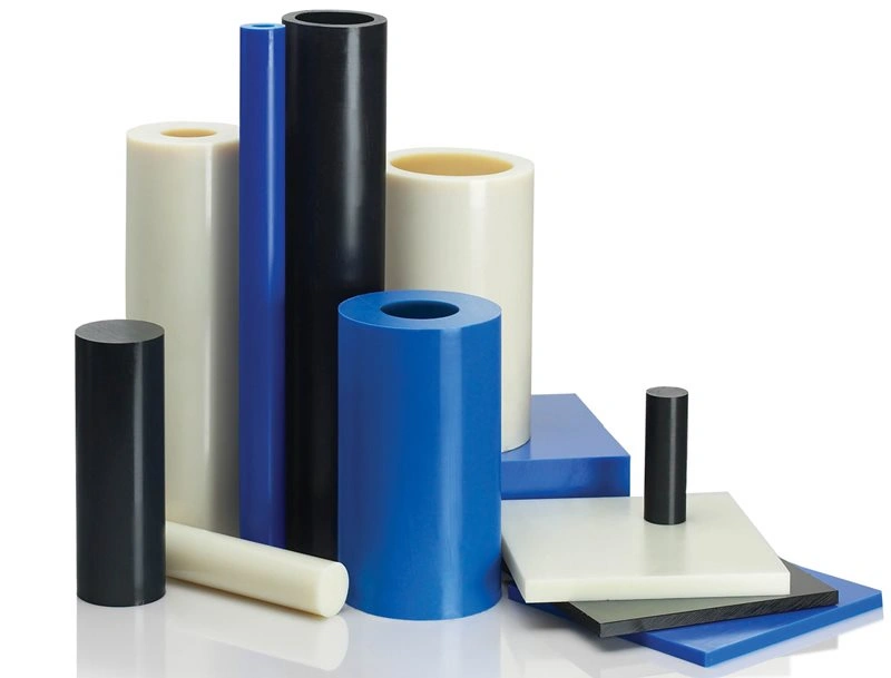Nylon rods, tubes, and sheets of three different colors: black, blue, and white