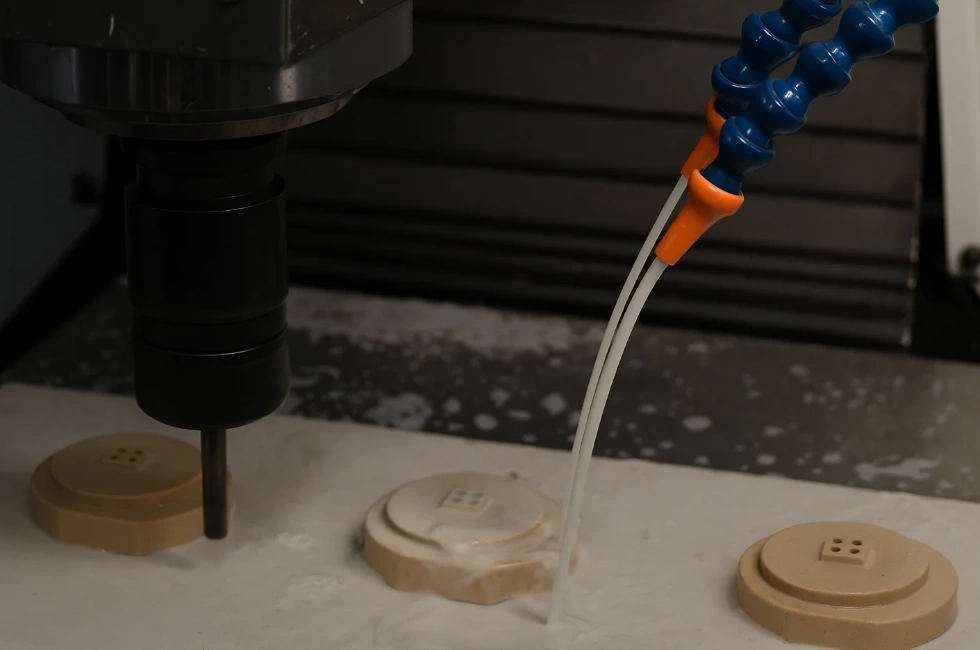 CNC milling machine with coolant lines cutting circular PEEK plastic parts on a worktable