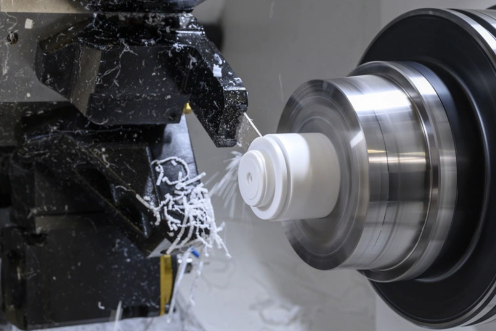 CNC lathe turning a white PTFE cylindrical part with visible shavings and cutting tool.