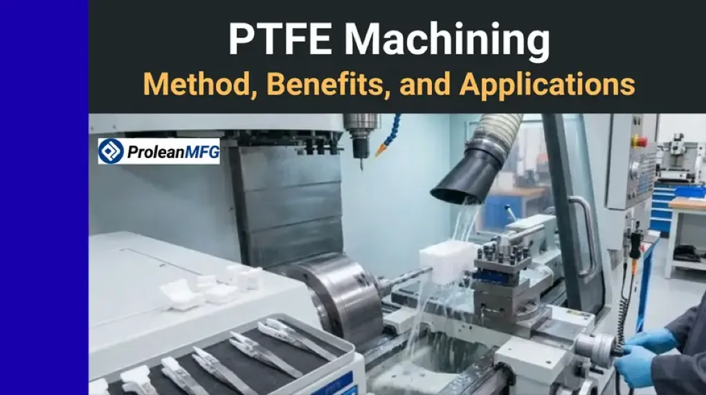CNC machine cutting white PTFE parts with "PTFE Machining: Method, Benefits, and Applications" text overlay