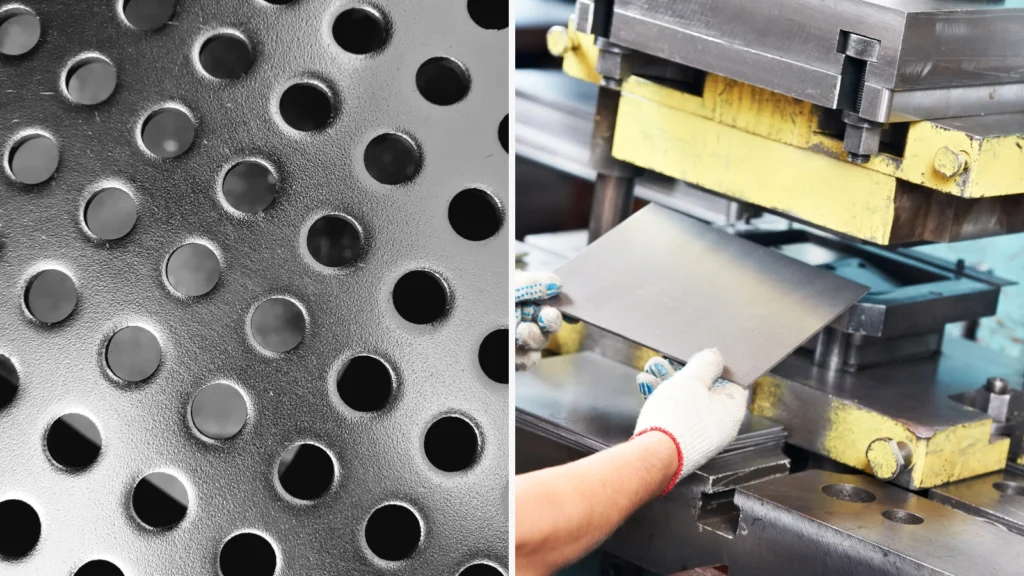 Perforated metal sheet with circular holes beside a punch press operator