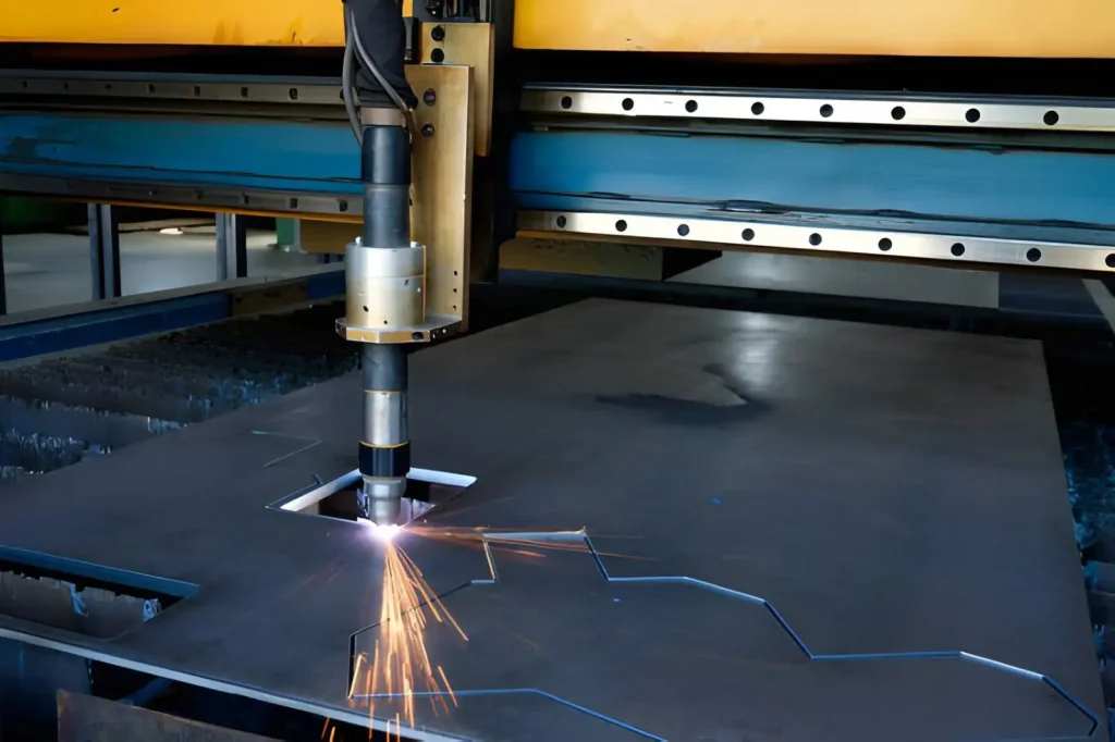 The image shows a plasma cutting machine precisely cutting a metal sheet using a high-temperature plasma arc for industrial applications. 