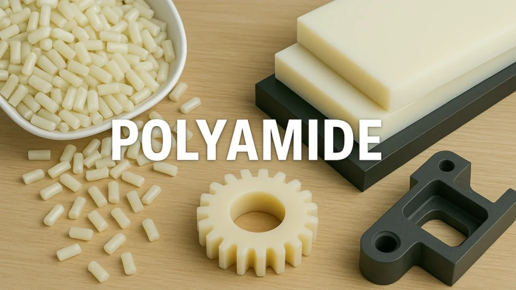 The image shows polyamide granular blocks, a gear, and a custom PA component