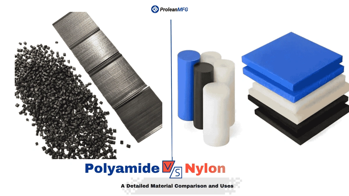 Blog’s feature image comparing polyamide vs Nylon; Polyamide granular and sheets on the left side, and Nylon rods and blocks on the right side.