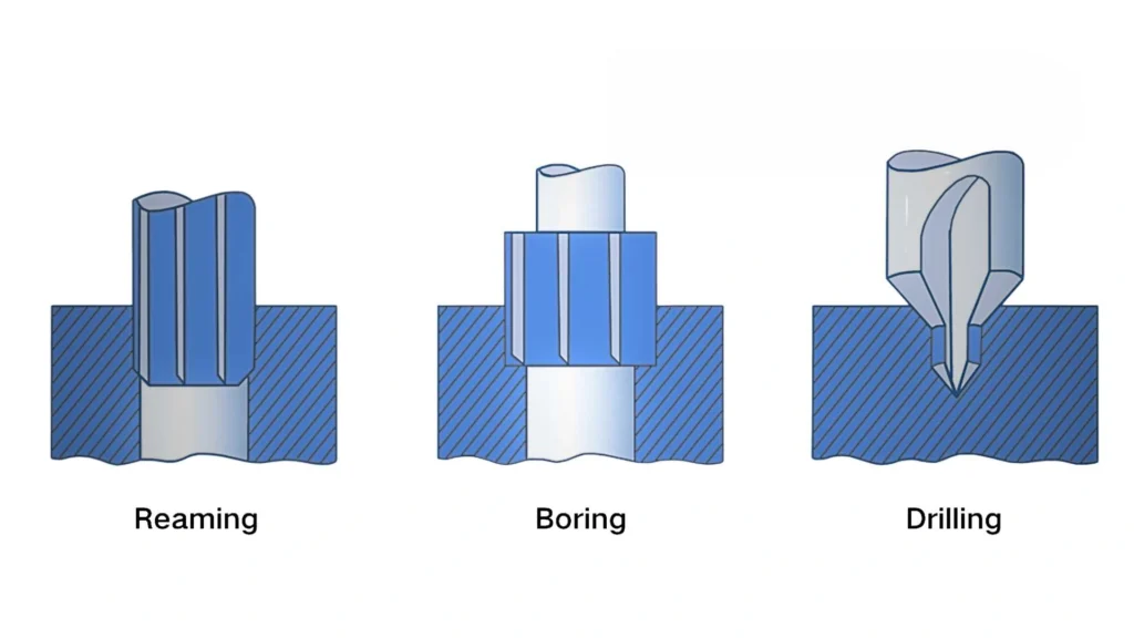 The image shows schematic diagrams of reaming, boring, and drilling, with a tool and workpiece combination.
