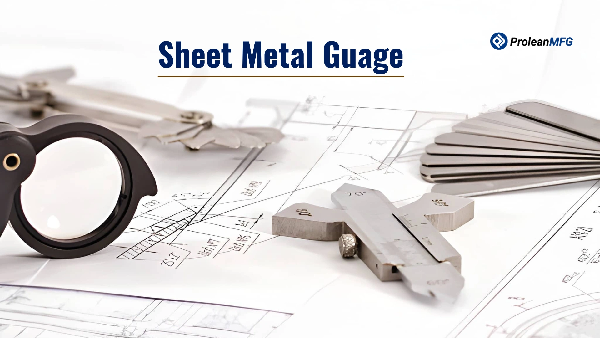 A set of sheet metal gauges laid neatly over an engineering drawing, and old text overlaid reads: “Sheet Metal Gauage”.