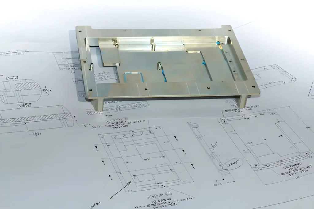 Mechanical frame sheet metal part shown on the technical drawing sheet