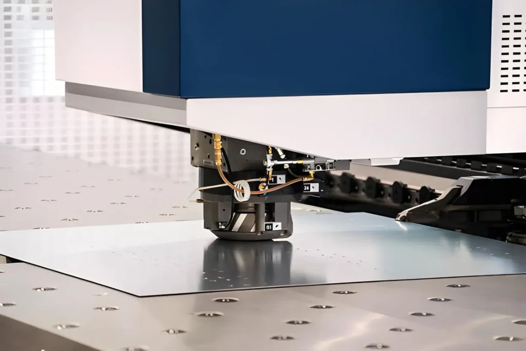 The image shows a sheet metal punching machine punching a steel sheet. 