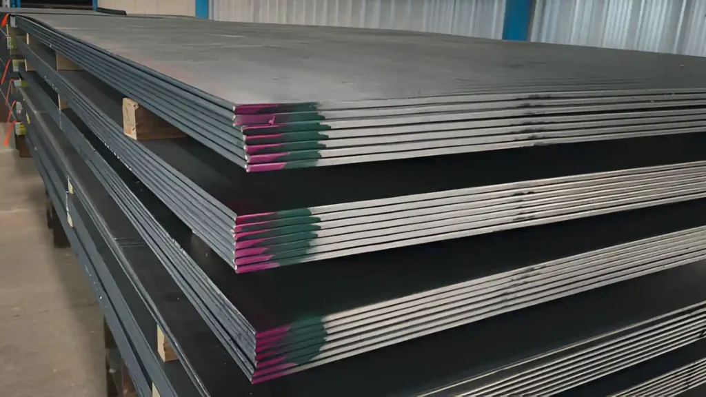 The image shows a group of black steel sheets stacked together for sheet metal work. 