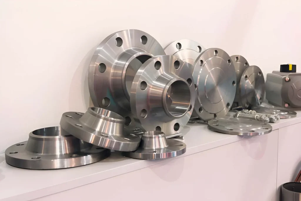 Stainless steel flanges with machined surfaces and bolt holes.