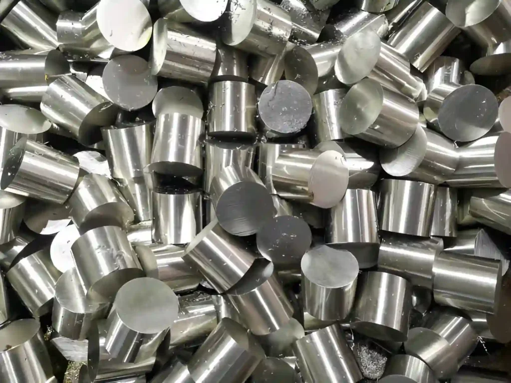 Stack of stainless steel rods in a container, ready for CNC milling