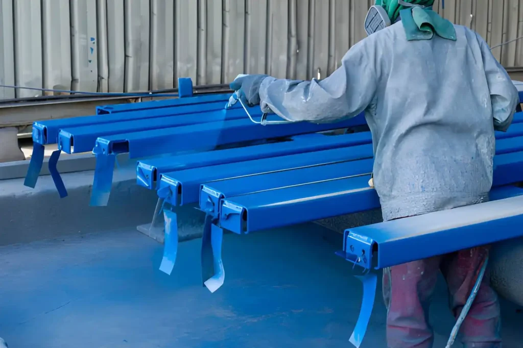 Worker spray painting a steel structure with a top coat in an industrial factory.