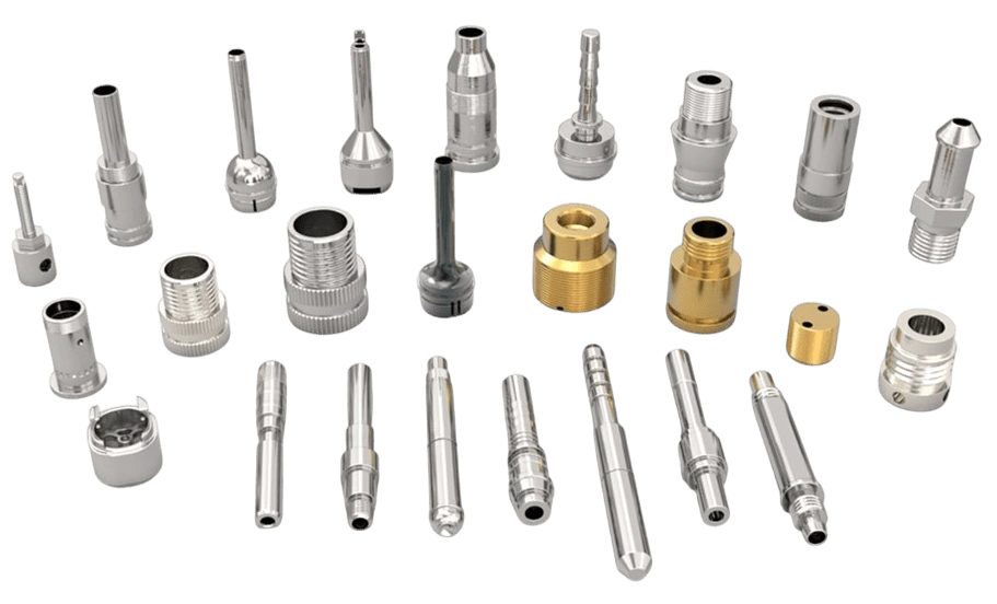 The image shows different Swiss-turned parts 
