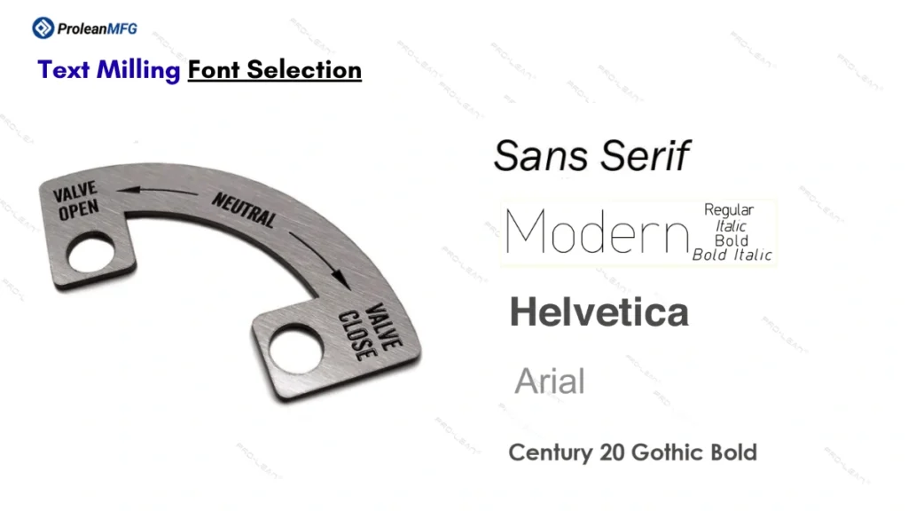 An image showing text-milled parts and a list of fonts for CNC text milling