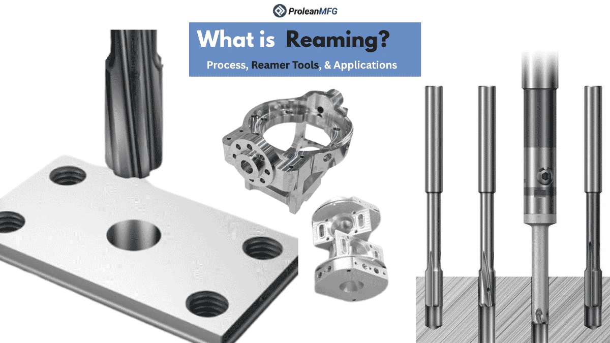 Blog’s feature image, showing reaming process, reamers, and parts with reamed parts