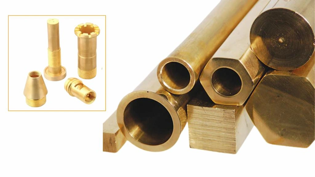 An illustration of raw yellow brass materials and machined parts