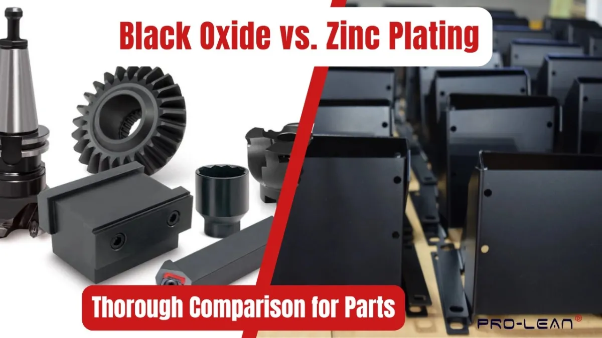 Black oxide-coated machining tools and gears beside zinc-plated sheet metal enclosures, titled "Black Oxide vs. Zinc Plating – Thorough Comparison for Parts."