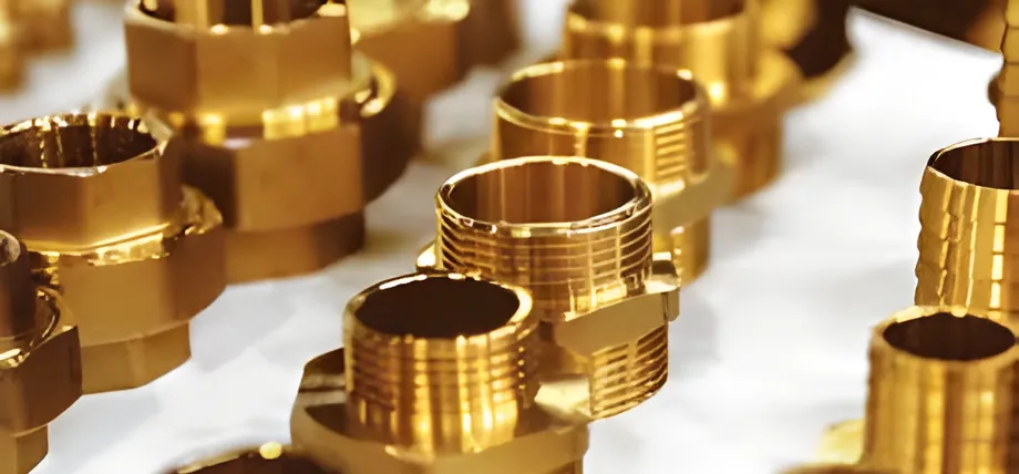 A collection of precision-machined brass fittings and hex-head components showcasing a bright, yellowish-gold finish.