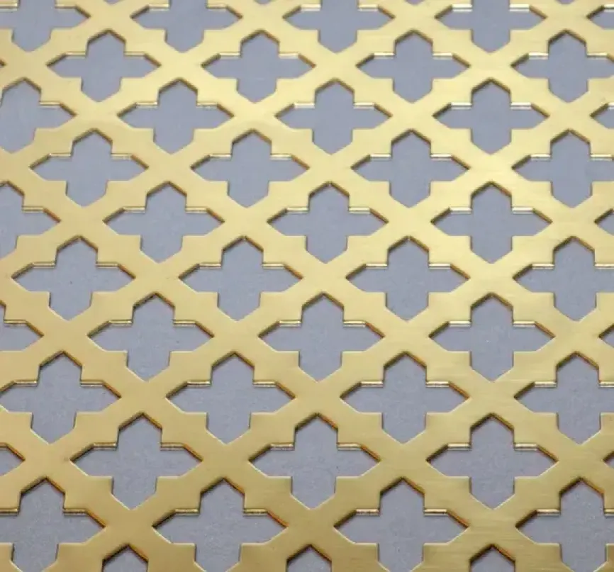 Polished brass sheet laser-cut into a repeating geometric lattice pattern for decorative grillwork. 