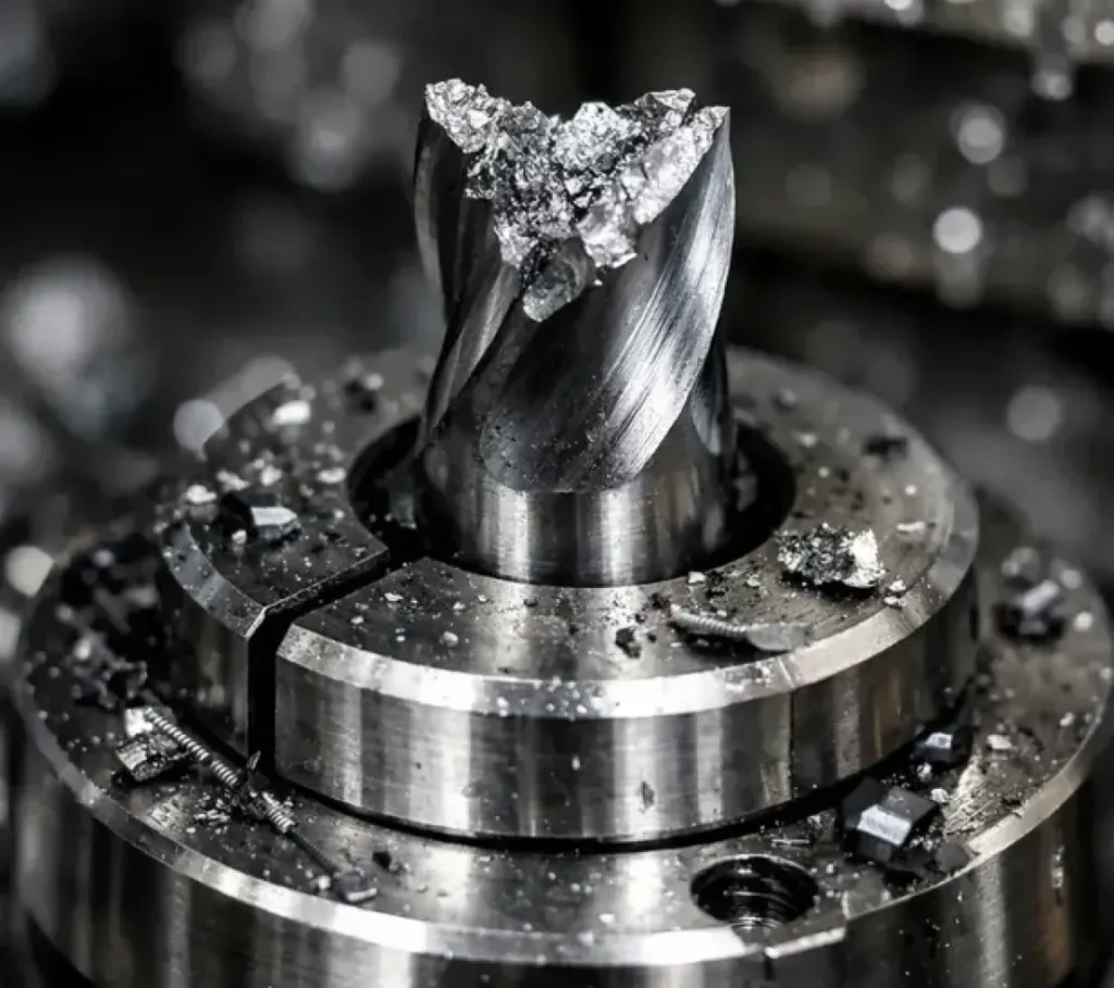 Shattered drill bit with fractured tip and metal debris lodged in a CNC machine tool holder