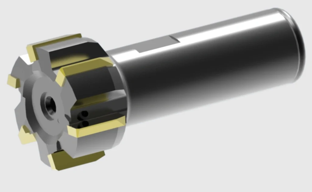 A diagram of a carbide-tipped reamer with six gold carbide inserts brazed onto a straight-shank body.