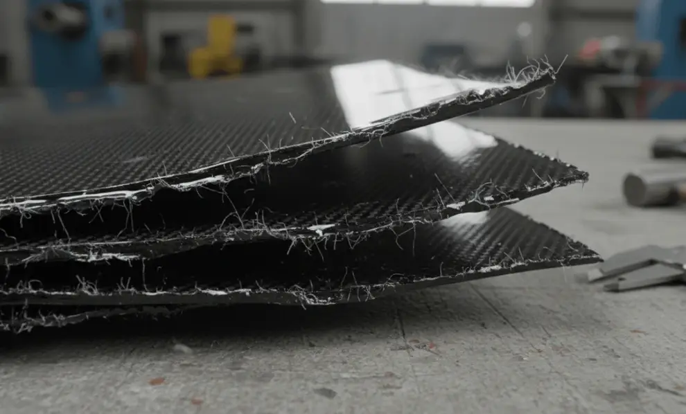 Delaminated carbon fiber laminate panels showing separated plies with frayed fiber edges