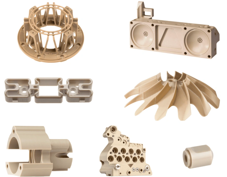 Complex PEEK machined parts, including impeller, housing, brackets, and structural components, on a white background
