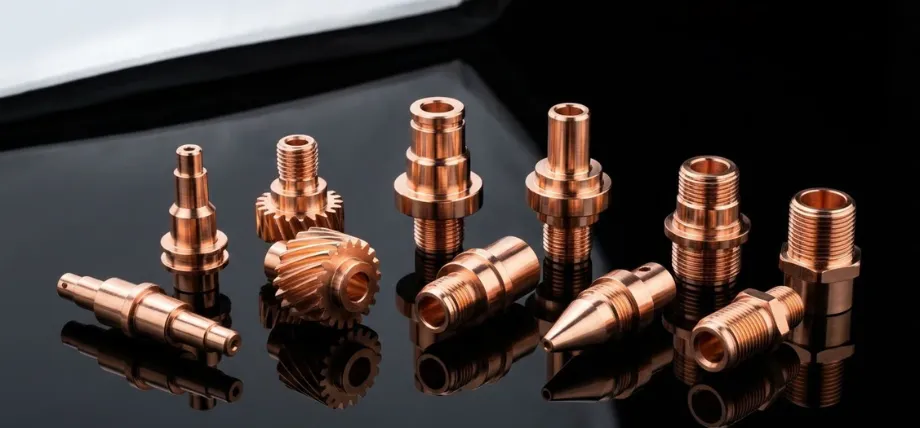 An array of small, intricate copper components including gears and threaded nozzles arranged on a reflective dark surface.